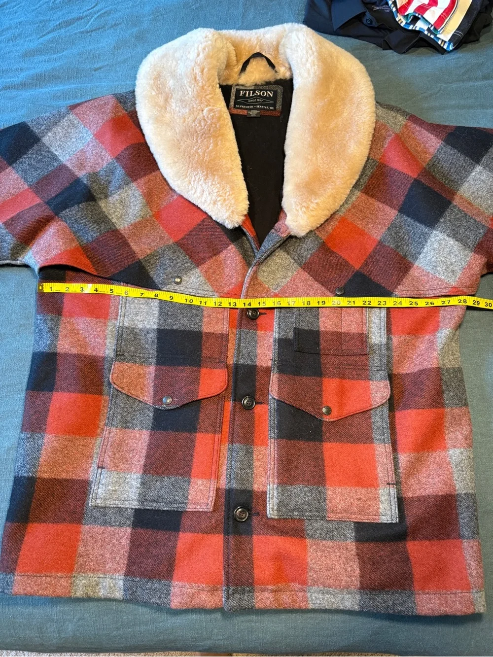 FILSON - Lined Mackinaw Wool Packer Coat in Black / Charcoal / Rust, Men’s 3XL